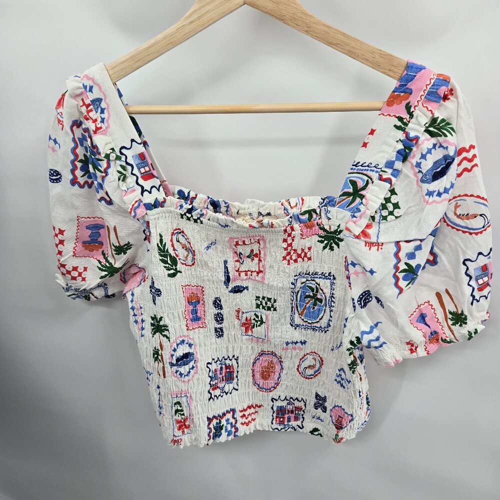 Monteau White Italy Seaside Coastal Square Neck Puff Sleeve Linen/Rayon Blend XL